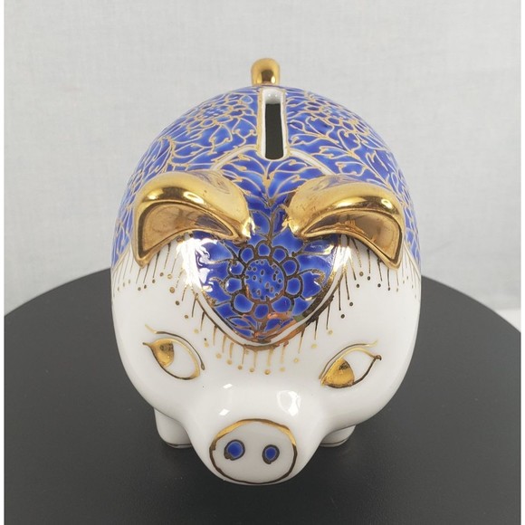 Vintage Ceramic Hand Painted Blue Gold Piggy Bank Marked JM Made In Thailand EUC - Picture 4 of 16